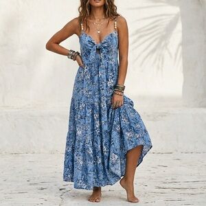 Linen HOUSE OF HARLOW Boho Dune Maxi Tiered Sun Dress Garden Floral Beachside